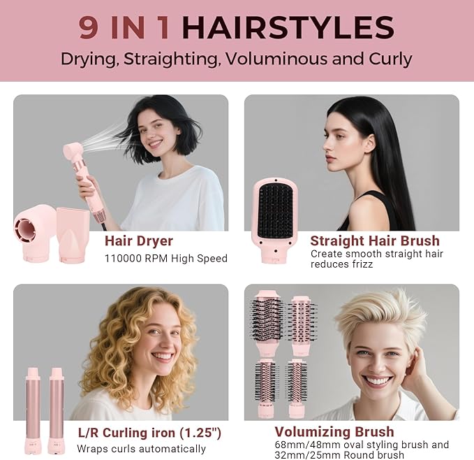 9-in-1 Multi Hair Styler | Air Styling & Drying System | Powerful Blow-Dry Brush | Heat Damage-Free | L/R Automatic Wrap Curlers, Oval Comb, Round Brush, Comb, Flat Nozzle & Storage Pouch