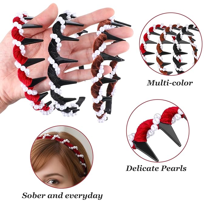 3 Pcs Vintage High Cranium Pearl Hairband Elegant Beaded Pearl Headbands with Teeth Comb Hair Hoop Band Headwear Fashion Braided Head Band Non Slip Hair Comb Hairs Accessories Gift for Women Girls