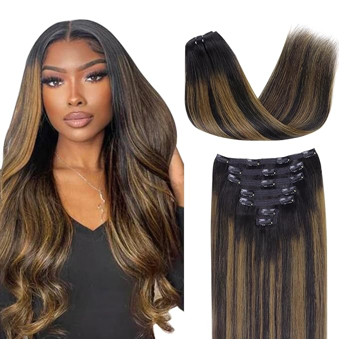 Lashey Clip in Hair Extensions Real Human Hair 7pcs 120g Straight Natural Black Mixed Chestnut Brown Hair Extensions Clip ins for Black Women 16 Inch