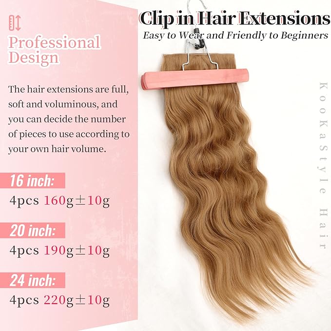 KooKaStyle Clip in Synthetic Hair Extensions Long Wavy 4PCS Thick Hairpieces Auburn Brown Fiber Double Weft Natural Hair Extensions 20 Inch for Women