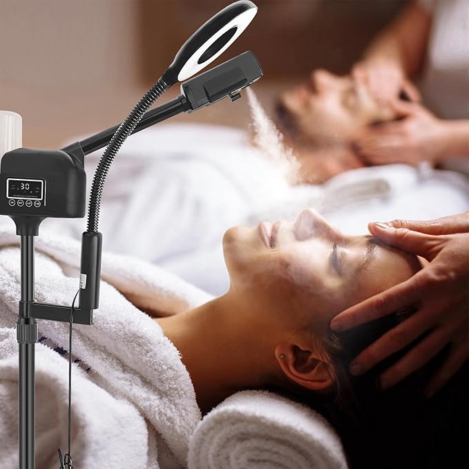 Professional Facial Steamer 2 in1 Steamer for Face 5X LED Magnifying Lamp Hot Ozone Facial Steamer for Esthetician Beauty Face Equipment Use at Home or Salon（Black）