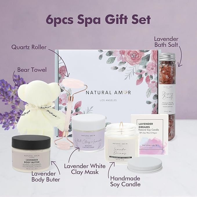Natural Amor Lavender Spa Gift Set – 6 pcs Handmade Self-Care Kit with Body Butter, Bath Salt, Clay Mask, Candle, Jade Roller & Bear Headband – Relaxation Gift for Women