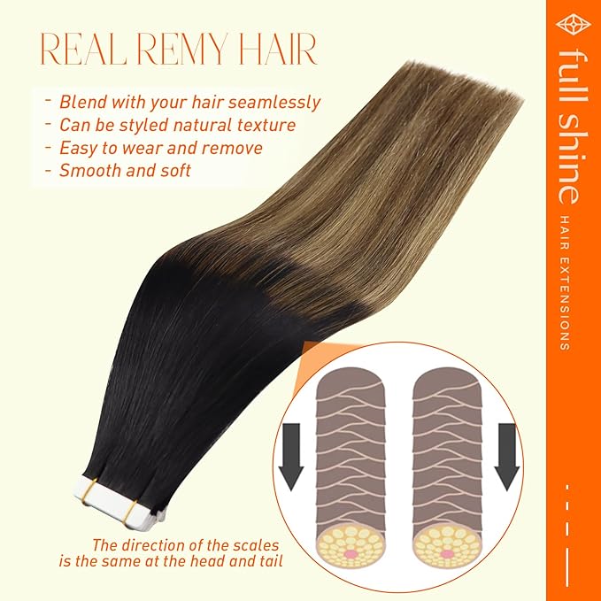 Full Shine Tape in Hair Extensions Seamless Hair Extensions Real Human Hair Off Black Fading to Chestnut Brown and Honey Blonde 18 Inch 20 Pcs 50g Invisible for Thin Hair Wedding