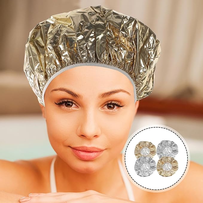 4pcs Deep Conditioning Foil Hair Caps with Elastic Band for Heat Insulation Nourishing Dye and Highlight Treatments Reusable Thermal Processing Hats for Salon and Home Use
