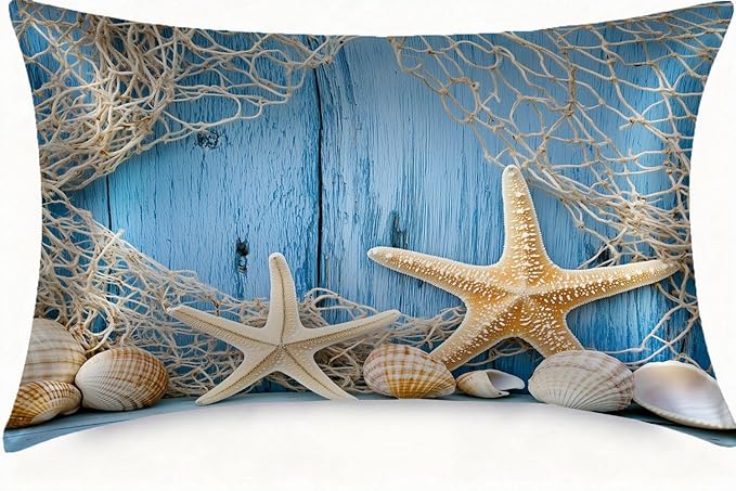 1 Pack Satin Pillowcase for Hair and Skin Sea Beach Starfish Fishing Net Imitation Silk Pillowcase with Hidden Zipper Soft Breathable Pillow Cover Standard Size for Bedroom Sofa 20”x26”