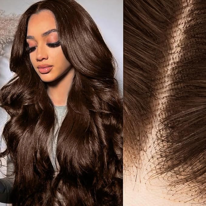 2X6 SKINLIKE HD Lace Closure Wigs Human Hair, Chocolate Brown Lace Front Wig, Body Wave Human Hair Wig Pre-Plucked Bleached Knots 250% Density HD Lace Closure Wigs 26 Inch