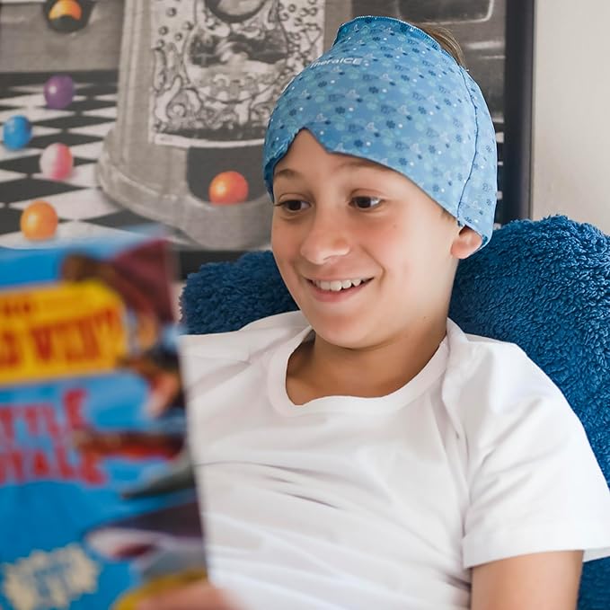 TheraICE Migraine Relief Cap Junior, Soothing Headache Boo Boo Ice Pack Mask Products, Cooling Gel Hat JR, Face Cold Compress Head Wrap for Bumps, Bruises and Cooling temperatures