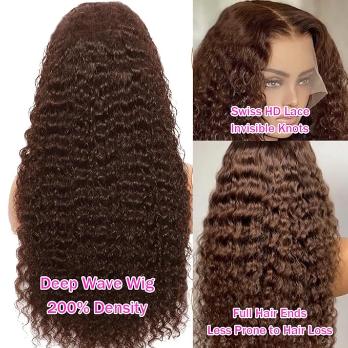 Anderah 30Inch Chocolate Brown Deep Wave Lace Front Wigs Human Hair 200 Density 13x6 HD Lace Frontal Wigs Curly Human Hair Wig For Women Pre Plucked with Natural Hairline 4# Brown Color