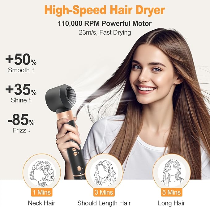 Hair Styler Hair Dryer Brush - 110,000 RPM High-Speed Hot Air Styler,Multi Stylers with Auto-Wrap Curler, Professional Blow Dryer Brush for Fast Curling Volumizing Straightening Styling(Black-Golden)