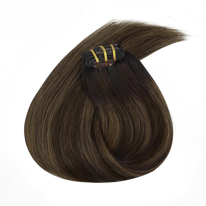 Ve Sunny Clip in Hair Extensions Dark Brown Balayage Medium Brown Remy Hair Extensions Real Human Hair for Women Thickness 16inch 100g 7pcs