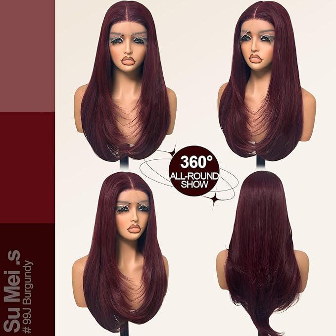 Glueless Synthetic Lace Front Wig 26 Inches Long Straight Red Wigs for Black Women 13x5x1 HD Lace Hand Tied Pre Plucked Hairline (#99J Burgundy, 26 Inch)