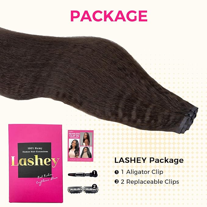 Lashey Seamless Clip in Hair Extensions Human Hair #2 Dark Brown Kinky Straight 7 Pcs 110g 14 Inch Soft Flat PU Weft Real Human Hair Clip in for Women