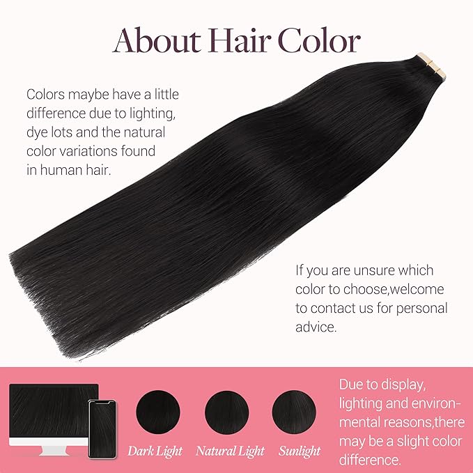 GOO GOO Tape in Hair Extensions Human Hair, 1B Natural black, 24inch 50g 20pcs, Skin Weft Seamless Invisible, Silky Straight with Thick Ends, Remy Human Hair