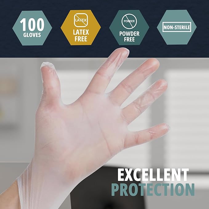 MED PRIDE Medical Vinyl Examination Gloves (Large, 100-Count) Latex & Rubber Free, Ultra-Strong, Clear Disposable Powder-Free Gloves for Healthcare & Food Handling Use (Pack of 2)