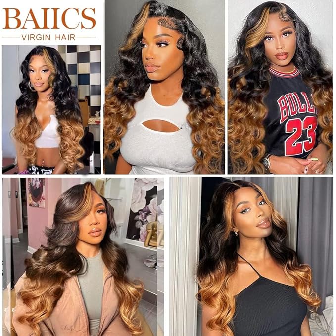 200% Density 13x6 Lace Front Wigs Human Hair Pre Plucked Body Wave HD Transparent Ombre Lace Front Wigs Glueless Wigs Human Hair 13x6 Balayage Wigs Human Hair Wigs For Women 32 Inch