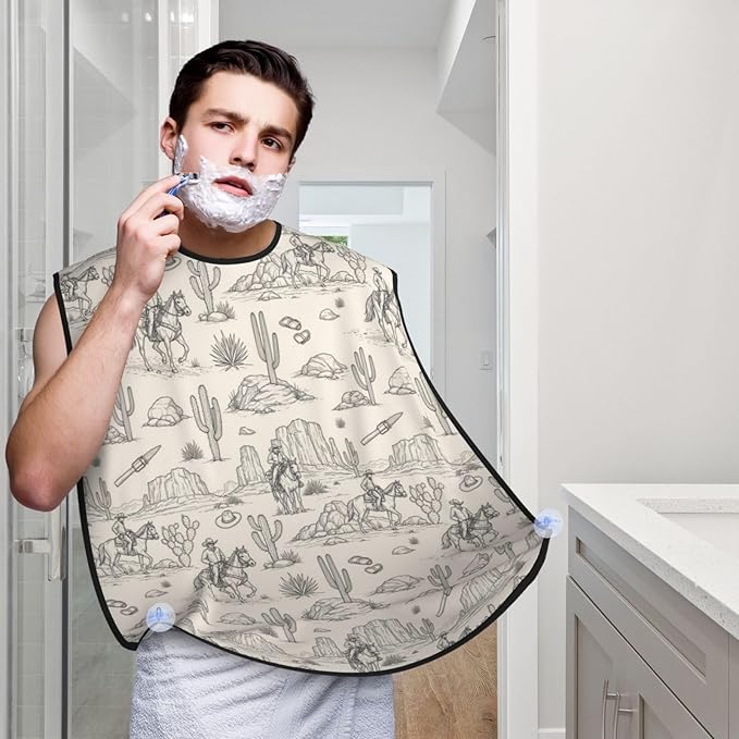 Beard Trimming Catcher Apron, Waterproof Non-Stick Grooming Bib for Shaving, Ideal for Men Dad Father’s Day, Western Desert Cowboy Riding Horses Shave Bib