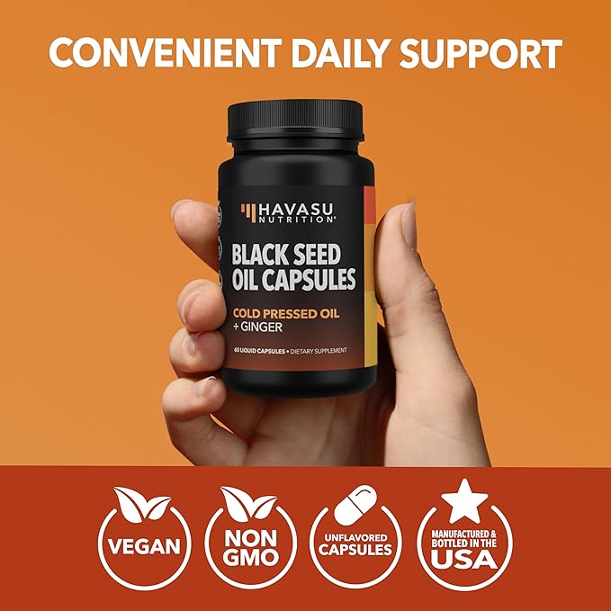 Black Seed Oil Capsules with Ginger Root Extract for Digestive Health & Immune Support - Cold Pressed Black Cumin Seed Oil & Ginger Supplement - 60 Count - Vegan, Non-GMO, Unflavored - 1 Month Supply