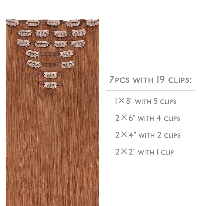 WENNALIFE Clip in Hair Extensions Real Human Hair, 22 Inch 120g 7pcs Cinnamon Terra Copper Remy Hair Natural Double Weft