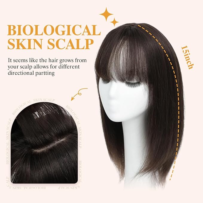 YAMI Hair Toppers for Women Real Human Hair 100% Real Human Hair Toppers for Women with Bangs 15 Inch Hair Pieces with Hairloss (Dark Brown)