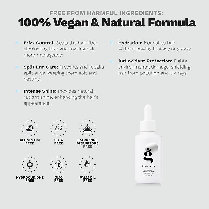 Anti-Frizz Hair Oil with Ginger, Argan & Castor hair oil for frizzy hair | Seals split ends, Strengthens the hair structure and adds shine for all hair types Nourishes & Repairs by Ginger Milk
