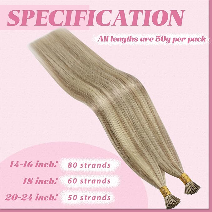 YoungSee I Tip Hair Extensions Blonde Itip Hair Extensions Real Human Hair Blonde Mix Golden Blond Highlight Itip Human Hair Extension Silky Straight 20 Inch 50g 50s