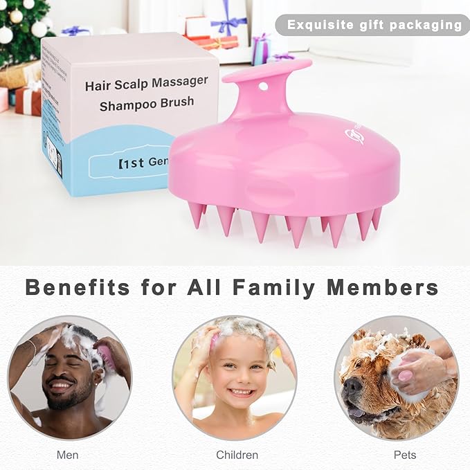 FREATECH Massager Shampoo Brush with Soft Silicone Bristles for Scalp Care, Shower Hair Scalp Scrubber Exfoliator for Dandruff Removal and Hair Growth, Wet & Dry for Men, Women and Kids, Pink