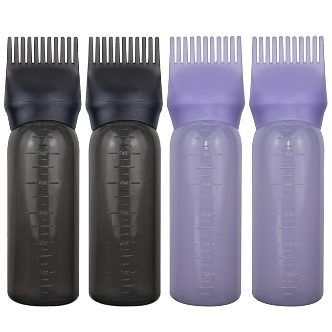 4 Pack Root Comb Applicator Bottle, Hair Oil Applicator, Oil Comb Applicator Bottle for Hair Dye Shampoos Hair Salons (Black+Purple)