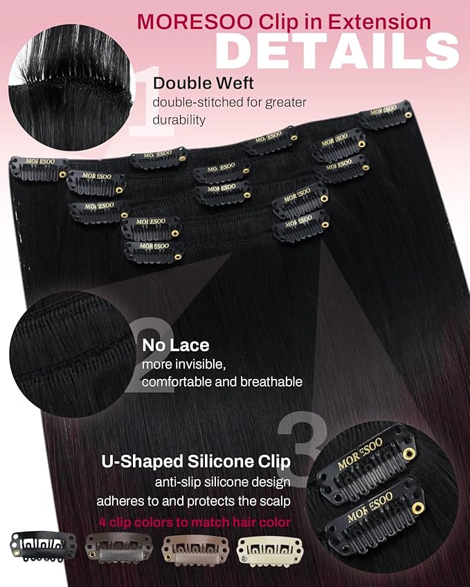 Moresoo Wine Red Hair Extensions Real Human Hair Clip ins Ombre Black to Burgundy Clip in Human Hair Extensions Short Balayage Black to Dark Red Double Weft for Women Straight 80g/5pcs 12 inch