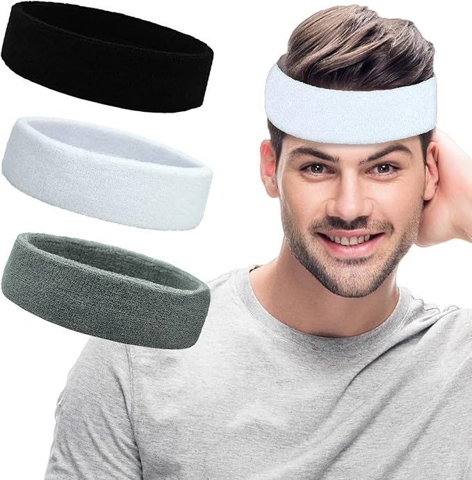 Sweatbands Sports Headbands for Men & Women - 3 Pack Moisture Wicking Cotton Headband for Tennis, Basketball, Running, Gym - Sweat Band