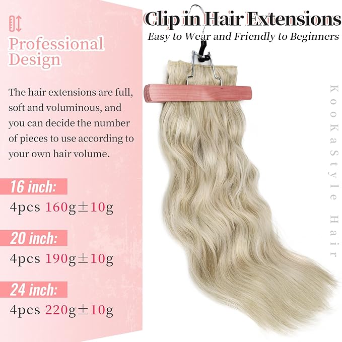 KooKaStyle Clip in Synthetic Hair Extensions Long Wavy 4PCS Thick Hairpieces Bleach Blonde mix Light Blonde Fiber Double Weft Natural Hair Extensions 20 Inch for Women