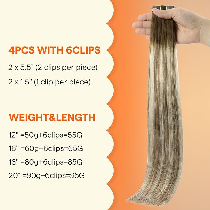 Full Shine Seamless Clip in Hair Extensions Real Human Hair, 18Inch Balayage Brown to Ash Brown Highlight Medium Blonde Clip in Hair Extension with PU Weft for Women, 4Pcs 85g