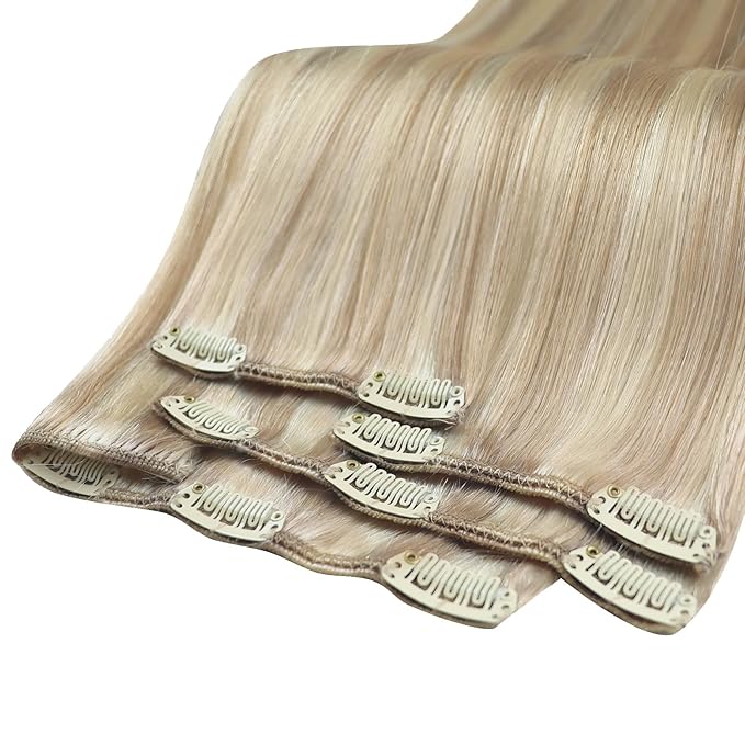 YoungSee Clip in Human Hair Extension Ash Blonde Clip in Hair Extensions Human Hair Warm Ash Blonde Highlights Bleach Blond Thick Hair Clip in Extensions 120G 22Inch 7Pcs