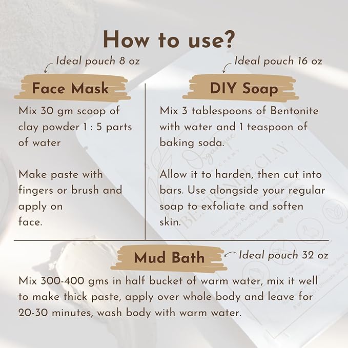 Bentonite Clay Powder For Face, Body & Hair, Deep Pore Cleansing & Detox, Indian Healing Calcium & Sodium Clay, For Masks & Bath 8 oz (227g)
