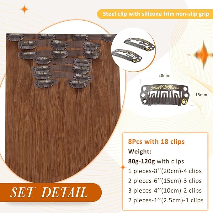 Full Shine Copper Red Clip in Hair Extensions 16 Inch Real Human Hair Natural Straight Pu Weft Auburn Brown Brazilian Hair Clips Healthy Ends 8 Pcs 120 Grams