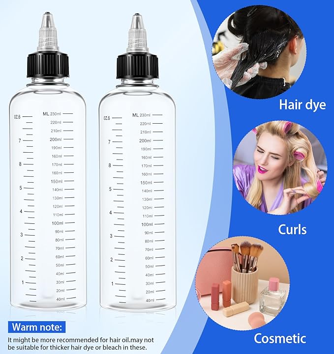 2 Pack Hair Dye Applicator Bottle, Hair Dye Bottle Applicator 8.5oz with Graduated Scale & Twist-On Cap, Plastic Applicators for Root Touch-Up, Salon & Home Use, Clear