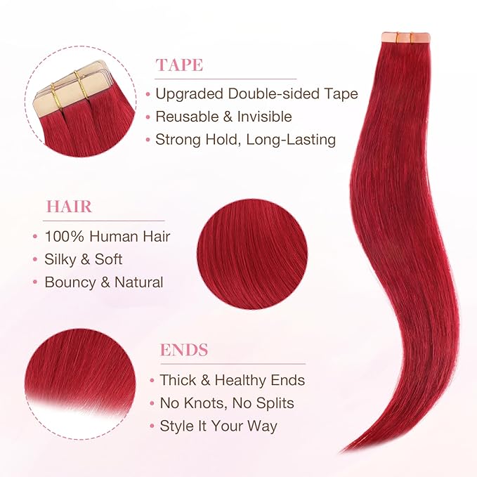 GOO GOO Tape in Hair Extensions Human Hair, Red, 16inch 25g 10pcs, Colored Tape ins Human Hair Extensions, Silky&Soft Invisible Tape Ins, Hair Highlighted for Party