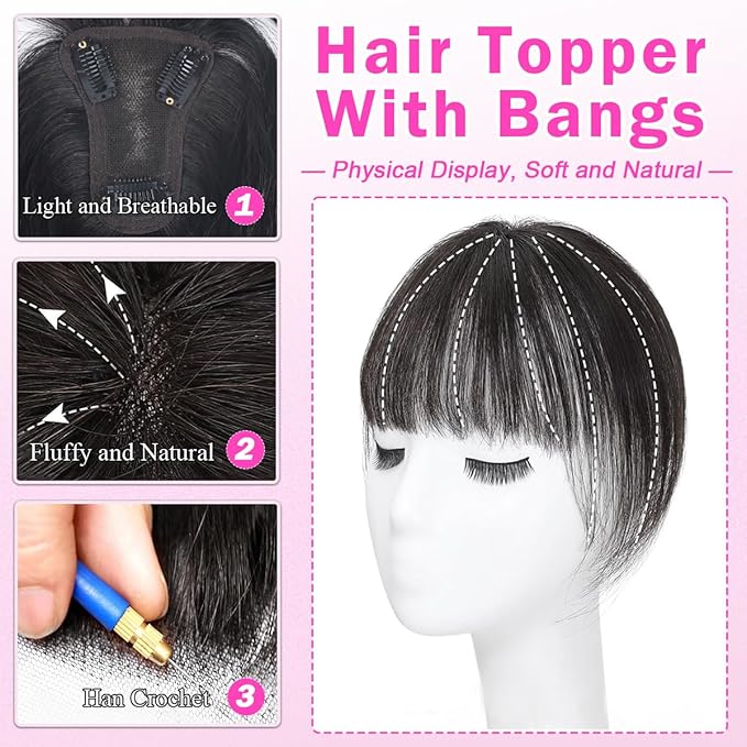 Hair Toppers For Women Real Human Hair 360° 3D Cover Human Hair Topper with Bangs Wispy Bangs Extensions Clip in Bangs for Daily Wear Natural Black