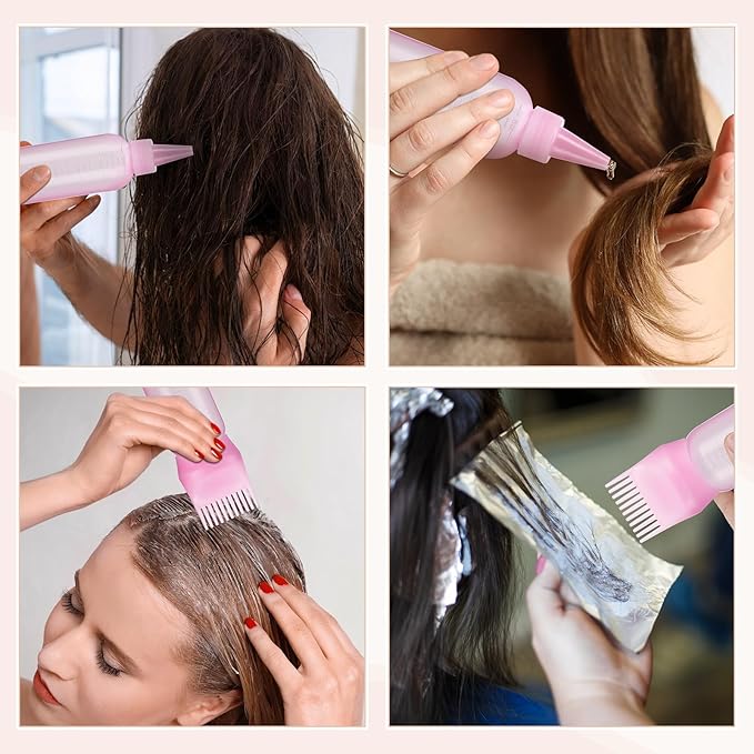 Pimoys Hair Oil Applicator Bottles Dye Brush for Women Scalp, Hair Color Products Things with Root Comb, Pink 2 Pack