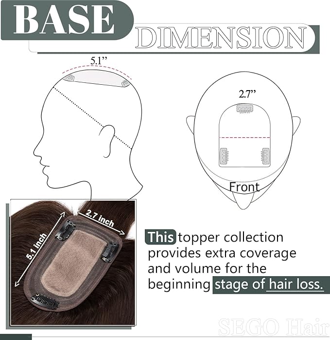SEGO Human Hair Toppers for Women with Thinning Hair, Toppers Hair Pieces Clip in Toppers Straight Hair Pieces with Front Bangs 150% Density Silk Base -14 Inch #2 Dark Brown
