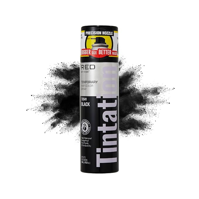 RED by Kiss Tintation Temporary Hair Color Spray, Extra Large Size, Instant Gray Root Cover Up, Water-Resistant, Smudge-Proof, Hairline & Barber Touch-Up, Quick Dry (Black, 11.5 OZ)