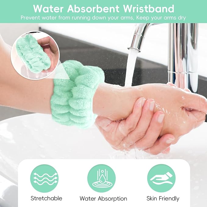 Facial Cleansing Brush, Spa Headband for Washing Face, Skincare Headband and Wristband Set, 2-in-1 Skin Care face Brush, Come with a Hair Scrunchie, for Massaging Makeup Skincare-Blue