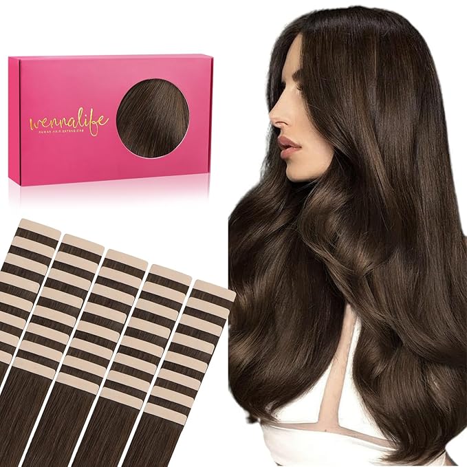 WENNALIFE Tape in Hair Extensions Human Hair, 40pcs 100g 22 inch Chocolate Brown Hair Extensions Real Human Hair Straight Tape in Extensions Invisible Human Hair Extensions Reusable Hair Extensions