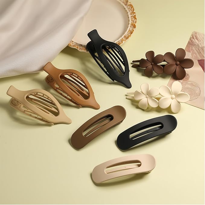 8 PCS Flat Hair Clips, 3 Styles Large Flat Claw Clips for Women, French Strong Hold Non-slip Duckbill Hair Claws for Thin Thick Hair(Neutral Matte)