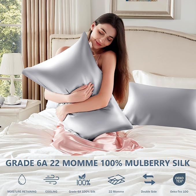Silk Pillow Cases 2 Pack King Size Mulberry Silk Pillowcase Set of 2 for Hair & Skin 36 x 20 Inches 22 Momme Both Sided Grade 6A Silk Soft Breathable Cooling with Hidden Zipper, Grey