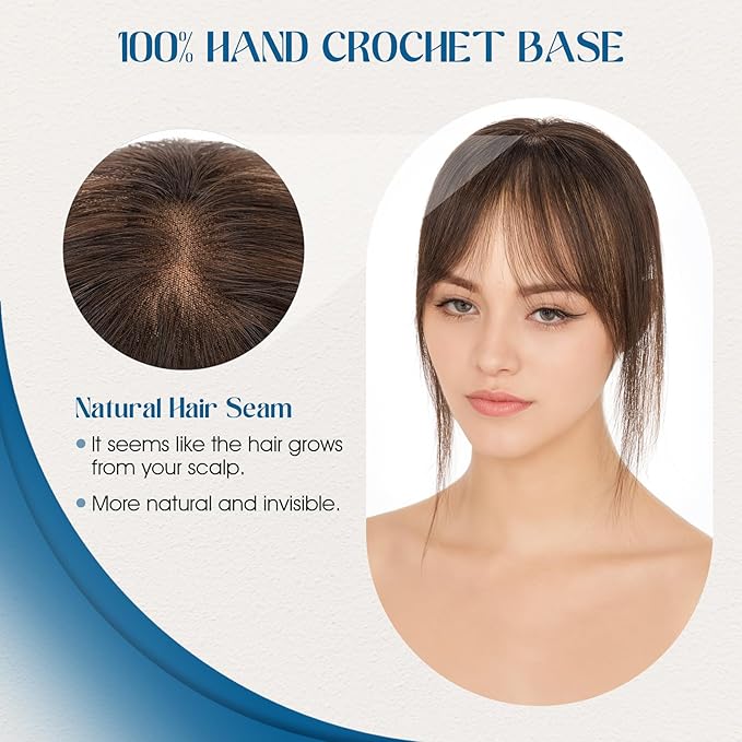 Hair Topper Human Hair Curtain Air Bangs Topper for Women,3.54x4.92 T-part Lace Base Topper Hair Piece for Daily Wear(Dark Brown)