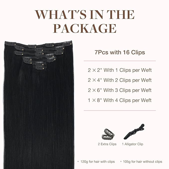 GOO GOO Clip in Hair Extensions Real Human Hair, Remy Human Hair Extensions Clip ins for Women, Natural Human Hair, 12inch 85g 7Pcs, 1 Jet black