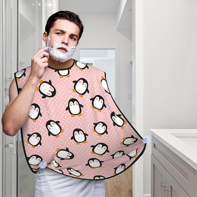 Adjustable Beard Bib, Non-Stick Hair Catcher Cape for Men's Shaving, Waterproof with 2 Suction Cups, Pink Polka Dots Cute Animals Cartoon Penguin Shave Bib
