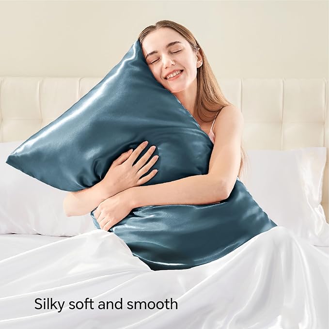 BEDELITE Satin Pillowcase with Zipper 2 Pack, Bluesteel Pillow Cases Standard Size, Super Soft and Cooling Similar to Silk Pillow Cases, Gift for Women Men(20x26 Inches)