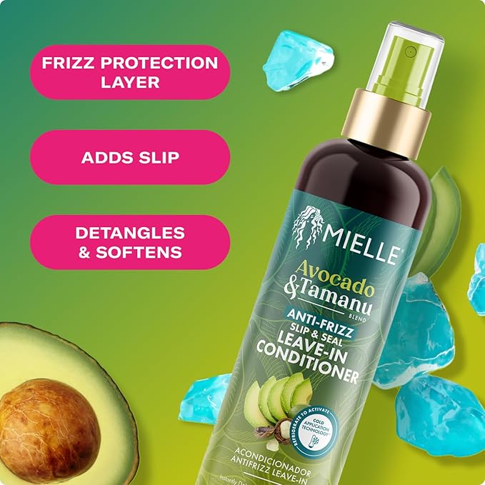 Mielle Organics Avocado & Tamanu Hair Leave In Conditioner Spray for Frizz Control - Smoothing Detangler & Anti Frizz Treatment for Dry, Damaged Styles - Nourishes Scalp for Soft, Shiny Strands - 8 oz