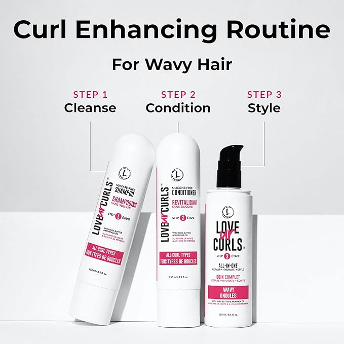Love Ur Curls - Shampoo & Conditioner Set with All in One Curl Cream Styler for Wavy Hair, 3 Step System for Repair and Moisturizing
